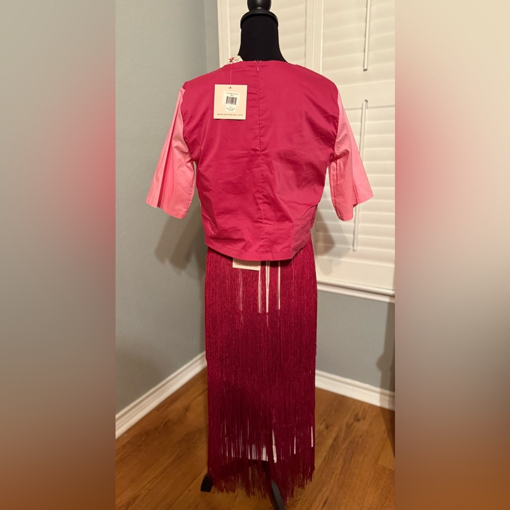 NWT Buru Color Block Elastic-Back Waist Fringe Midi A-Line Skirt Size M - Picture 5 of 6